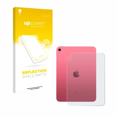 Face avant d’un emballage produit avec le logo de la marque upscreen. À côté, l’appareil Apple iPad 10.9" 2022 (Arrière, 10ème