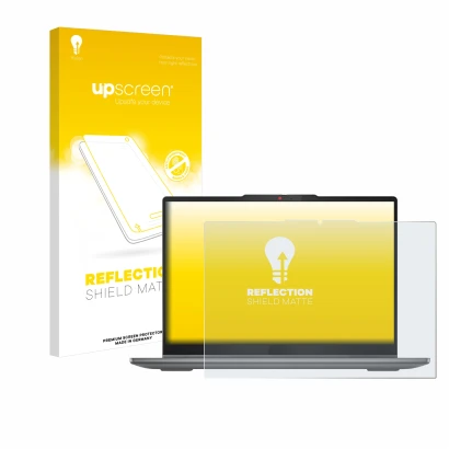 Face avant d’un emballage produit avec le logo de la marque upscreen. À côté, l’appareil Lenovo IdeaPad 5 2-in-1 14AHP9 est re