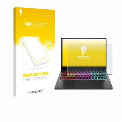Face avant d’un emballage produit avec le logo de la marque upscreen. À côté, l’appareil HP Omen Transcend 14 est représenté a
