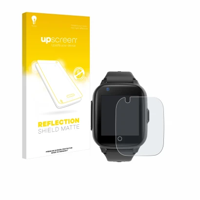 Face avant d’un emballage produit avec le logo de la marque upscreen. À côté, l’appareil Leotec Kids Allo Plus 4G est représen