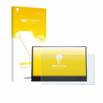 Face avant d’un emballage produit avec le logo de la marque upscreen. À côté, l’appareil Dell P1424H est représenté avec la pr