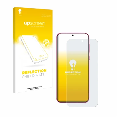 Face avant d’un emballage produit avec le logo de la marque upscreen. À côté, l’appareil Huawei Pura 70 est représenté avec la