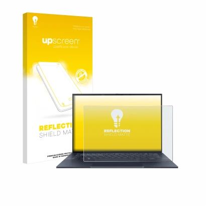 Face avant d’un emballage produit avec le logo de la marque upscreen. À côté, l’appareil ASUS ExpertBook B9 B9403 est représen