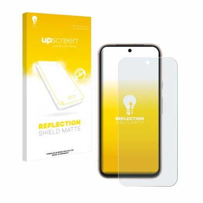 Face avant d’un emballage produit avec le logo de la marque upscreen. À côté, l’appareil Google Pixel 8a est représenté avec l