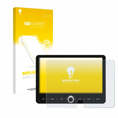 Face avant d’un emballage produit avec le logo de la marque upscreen. À côté, l’appareil Dynavin D9-T5TP est représenté avec l