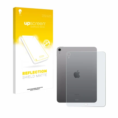 Face avant d’un emballage produit avec le logo de la marque upscreen. À côté, l’appareil Apple iPad Air 11" M2 2024 (Arrière) 