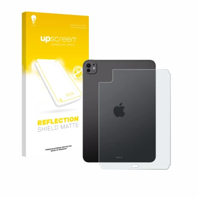 Face avant d’un emballage produit avec le logo de la marque upscreen. À côté, l’appareil Apple iPad Pro 11" 2024 (Arrière) est