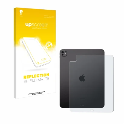 Face avant d’un emballage produit avec le logo de la marque upscreen. À côté, l’appareil Apple iPad Pro 13" WiFi 2024 (Arrière