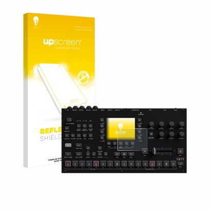 Face avant d’un emballage produit avec le logo de la marque upscreen. À côté, l’appareil Elektron Octatrack MKII est représent