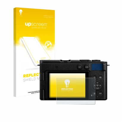 Face avant d’un emballage produit avec le logo de la marque upscreen. À côté, l’appareil Panasonic Lumix DC-S9 est représenté 