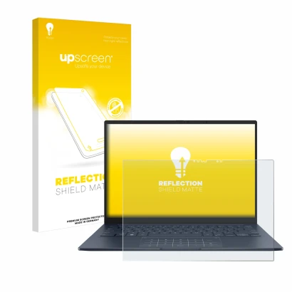 Face avant d’un emballage produit avec le logo de la marque upscreen. À côté, l’appareil ASUS ZenBook 14 OLED UX3405 Touch est