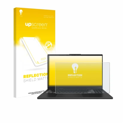 Face avant d’un emballage produit avec le logo de la marque upscreen. À côté, l’appareil ASUS VivoBook Pro 15 OLED N6506 est r