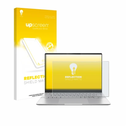 Face avant d’un emballage produit avec le logo de la marque upscreen. À côté, l’appareil ASUS Vivobook S 14 OLED M5406 est rep