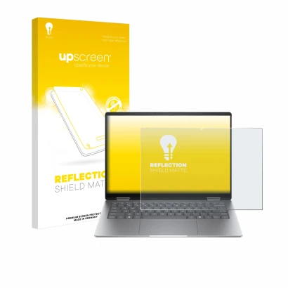 Face avant d’un emballage produit avec le logo de la marque upscreen. À côté, l’appareil HP Envy x360 14 2-in-1 est représenté