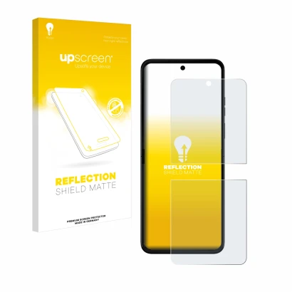 Face avant d’un emballage produit avec le logo de la marque upscreen. À côté, l’appareil Motorola Razr 50 Ultra est représenté