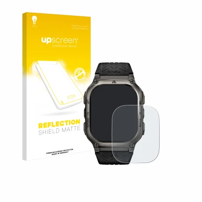Face avant d’un emballage produit avec le logo de la marque upscreen. À côté, l’appareil Kospet Tank M3 est représenté avec la