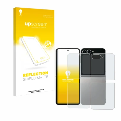 Face avant d’un emballage produit avec le logo de la marque upscreen. À côté, l’appareil Samsung Galaxy Z Flip 6 (Avant+Arrièr