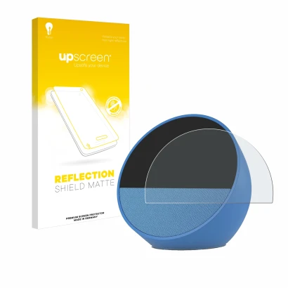 Face avant d’un emballage produit avec le logo de la marque upscreen. À côté, l’appareil Amazon Echo Spot 2024 est représenté 