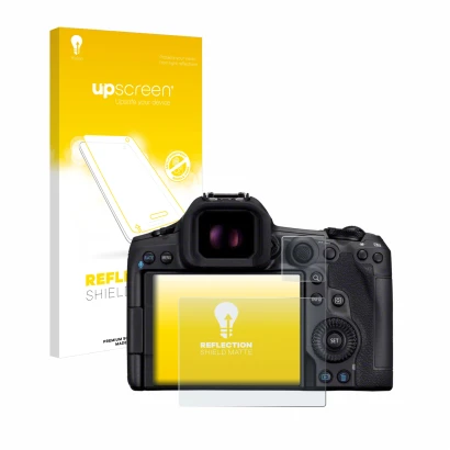 Face avant d’un emballage produit avec le logo de la marque upscreen. À côté, l’appareil Canon EOS R5 Mark II est représenté a