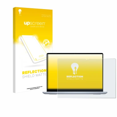 Face avant d’un emballage produit avec le logo de la marque upscreen. À côté, l’appareil Dell Inspiron 14 7440 2-in-1 est repr