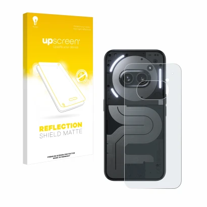 Face avant d’un emballage produit avec le logo de la marque upscreen. À côté, l’appareil Nothing Phone (2a) Plus (Arrière) est