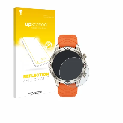 Face avant d’un emballage produit avec le logo de la marque upscreen. À côté, l’appareil Bytelike Smartwatch 1.43" est représe