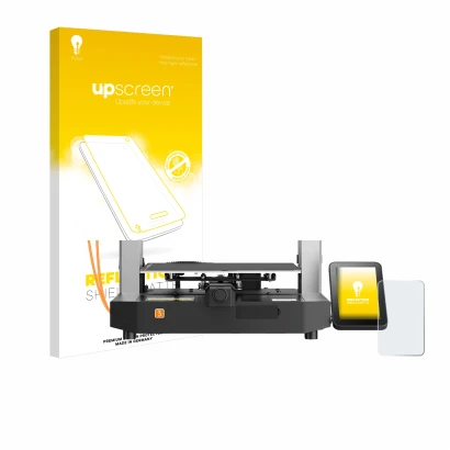 Face avant d’un emballage produit avec le logo de la marque upscreen. À côté, l’appareil Anycubic Kobra 3 est représenté avec