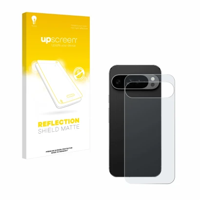 Face avant d’un emballage produit avec le logo de la marque upscreen. À côté, l’appareil Google Pixel 9 Pro XL (Arrière) est r