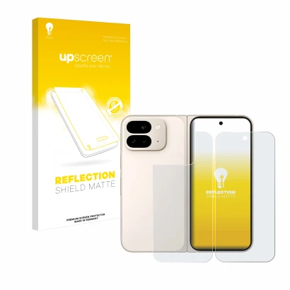 Face avant d’un emballage produit avec le logo de la marque upscreen. À côté, l’appareil Google Pixel 9 Pro Fold (Avant+Arrièr