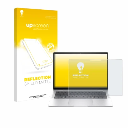 Face avant d’un emballage produit avec le logo de la marque upscreen. À côté, l’appareil HP EliteBook x360 1040 14 G11 2-in-1