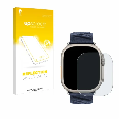 Face avant d’un emballage produit avec le logo de la marque upscreen. À côté, l’appareil Apple Watch Hermès Ultra 2 est représ