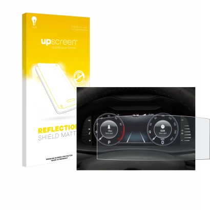 Face avant d’un emballage produit avec le logo de la marque upscreen. À côté, l’appareil Skoda Virtual Cockpit 10.25" est repr