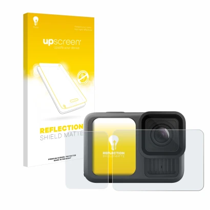 Face avant d’un emballage produit avec le logo de la marque upscreen. À côté, l’appareil GoPro Hero 13 Black est représenté av