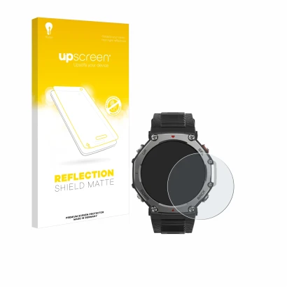 Face avant d’un emballage produit avec le logo de la marque upscreen. À côté, l’appareil Huami Amazfit T-Rex 3 est représenté 
