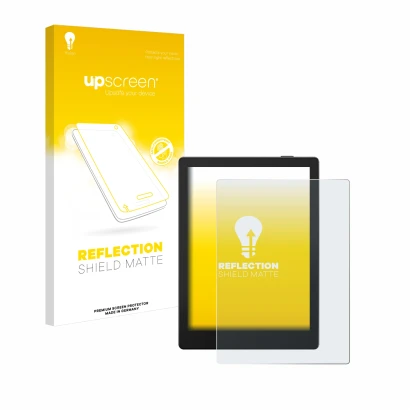 Face avant d’un emballage produit avec le logo de la marque upscreen. À côté, l’appareil Boox Go 6 est représenté avec la prot