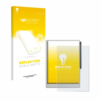 Face avant d’un emballage produit avec le logo de la marque upscreen. À côté, l’appareil reMarkable Paper Pro est représenté a