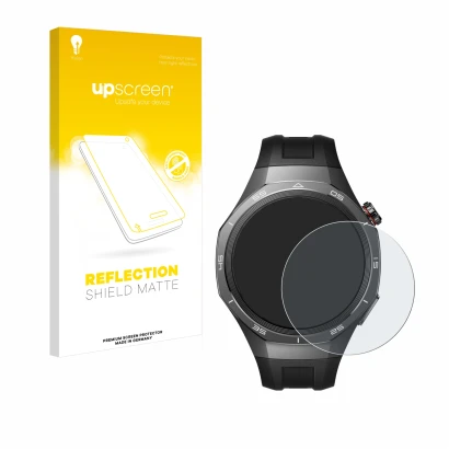 Face avant d’un emballage produit avec le logo de la marque upscreen. À côté, l’appareil Huawei Watch GT 5 Pro (46 mm) est rep