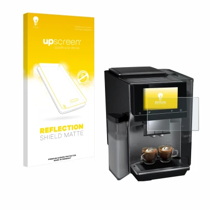 Face avant d’un emballage produit avec le logo de la marque upscreen. À côté, l’appareil Siemens EQ700 est représenté avec la 