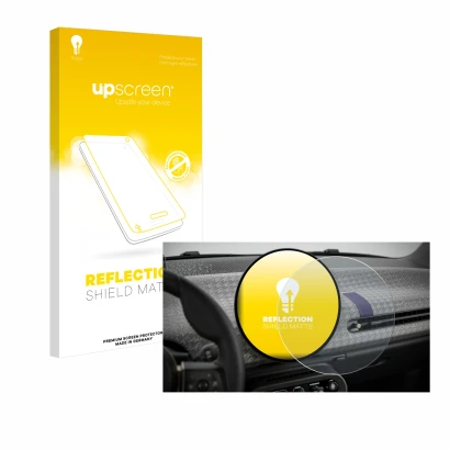Face avant d’un emballage produit avec le logo de la marque upscreen. À côté, l’appareil Mini Cooper Electric BJ 2024 est repr