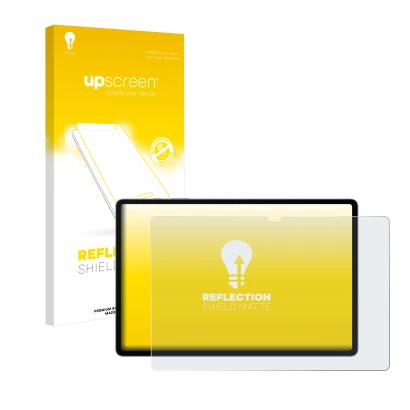 Face avant d’un emballage produit avec le logo de la marque upscreen. À côté, l’appareil Samsung Galaxy Tab S10 Plus WiFi est 