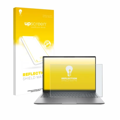 Face avant d’un emballage produit avec le logo de la marque upscreen. À côté, l’appareil HP ZBook Power 16 G11 est représenté