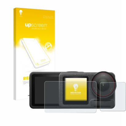 Face avant d’un emballage produit avec le logo de la marque upscreen. À côté, l’appareil DJI Osmo Action 5 Pro (case-friendly)