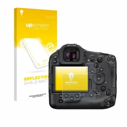 Face avant d’un emballage produit avec le logo de la marque upscreen. À côté, l’appareil Canon EOS R1 est représenté avec la p