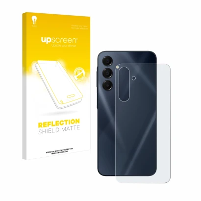 Face avant d’un emballage produit avec le logo de la marque upscreen. À côté, l’appareil Samsung Galaxy A16 5G (Arrière) est r