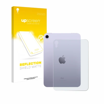 Face avant d’un emballage produit avec le logo de la marque upscreen. À côté, l’appareil Apple iPad Mini 7 WiFi 2024 (Arrière)