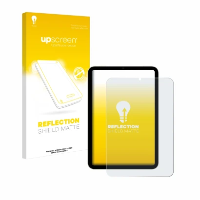 Face avant d’un emballage produit avec le logo de la marque upscreen. À côté, l’appareil Apple iPad Mini 7 2024 est représenté