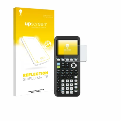 Face avant d’un emballage produit avec le logo de la marque upscreen. À côté, l’appareil Texas Instruments TI-84 Plus CE-T Pyt