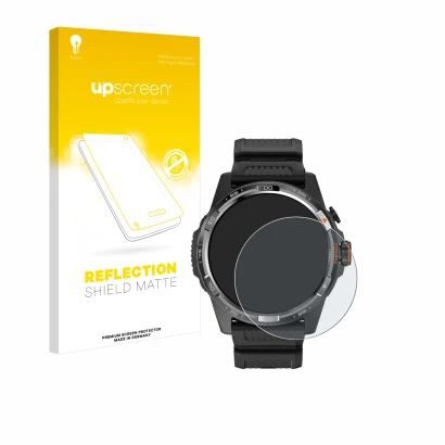 Face avant d’un emballage produit avec le logo de la marque upscreen. À côté, l’appareil Mobvoi Ticwatch Atlas est représenté