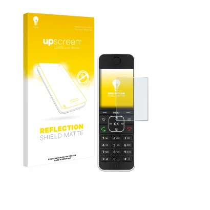 Face avant d’un emballage produit avec le logo de la marque upscreen. À côté, l’appareil AVM Fritz!Fon C6 Black est représenté