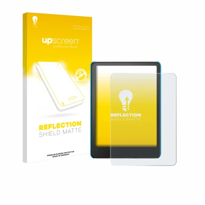 Face avant d’un emballage produit avec le logo de la marque upscreen. À côté, l’appareil Amazon Kindle Paperwhite Kids 2024 es